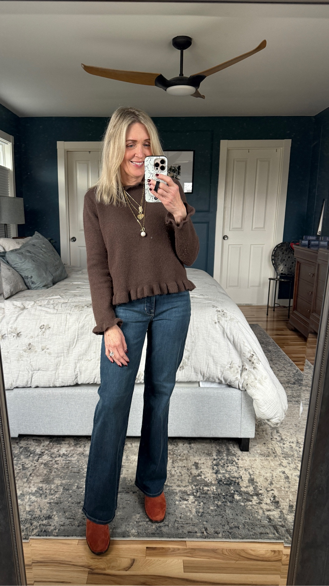 Casual cold weather outfit. Zara ruffled sweater size small, Fidelity denim - Katie St Tropez wash size 25.  Naot boots in spice. Melinda Maria necklaces.

#LTKootd #LTKCyberWeek #LTKOver40