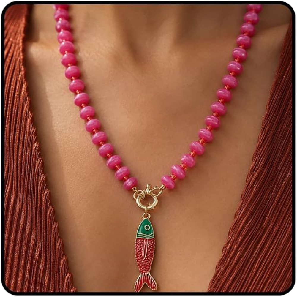 Chunky Acrylic Beaded Fish Pendant Necklace for Women, Boho Big Disc Resin Bead Chain Colorful En... | Amazon (US)