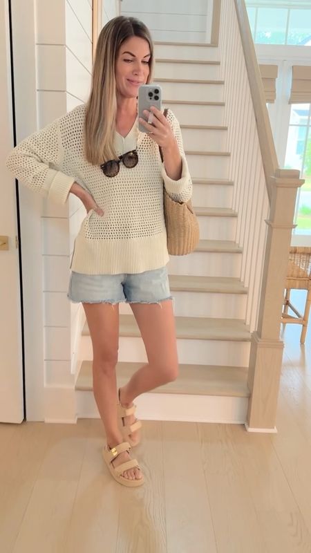 Small tall sweater. Sized up one in the denim shorts.  I’m 5’11”. Sandals true to size.  

#LTKStyleTip #LTKFindsUnder50 #LTKOver40