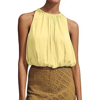 Ythomm Women’s Halter Crop Bubble Tops Summer Sleeveless Crewneck Puffy Hem Cropped Tank Tops F... | Amazon (US)