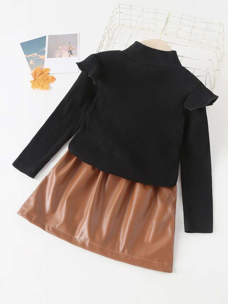 Toddler Girls Mock Neck Ruffle Trim Top & PU Skirt | SHEIN