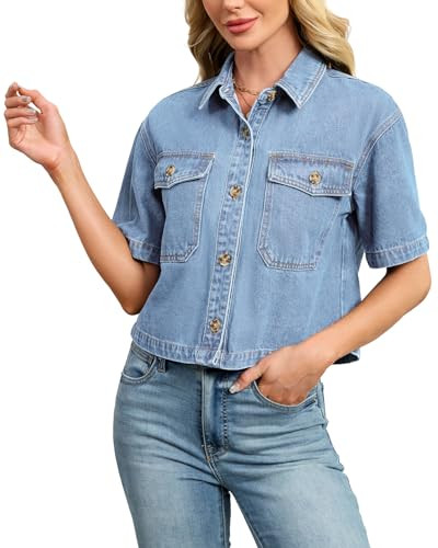 Kedera Womens Crop Denim Shirt Short Sleeve Button Down Short Jean Jacket Trendy Jean Tops Shacke... | Amazon (US)