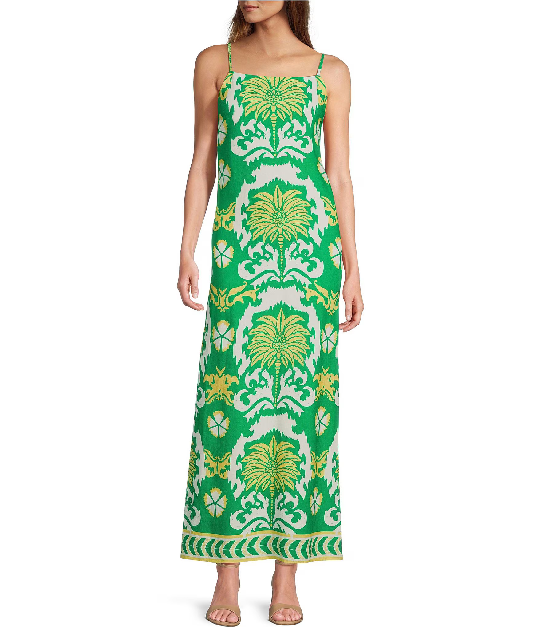 Giulia Printed Linen Blend Square Neck Sleeveless Maxi Dress | Dillard's