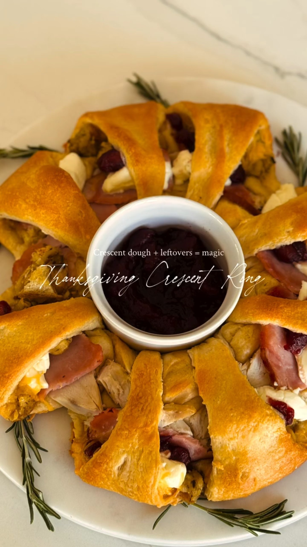 Crescent dough + leftovers = magic.

Thanksgiving Crescent Ring
	•	Crescent dough
	•	Turkey, ham, stuffing
	•	Cream cheese
	•	Cranberry sauce

Directions:
Preheat to 375°F. Lay crescent dough in a ring. Add meats + stuffing + cream cheese + cranberry sauce. Fold dough over filling. Bake 15 minutes or until golden (or follow crescent package). Slice + serve with extra cranberry sauce and/or gravy.

#thanksgiving #recipe #comfortfood