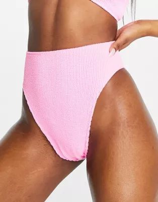 ASOS DESIGN - Mix en match - Hoogopgesneden bikinibroekje van kreukelstof in roze | ASOS (Global)