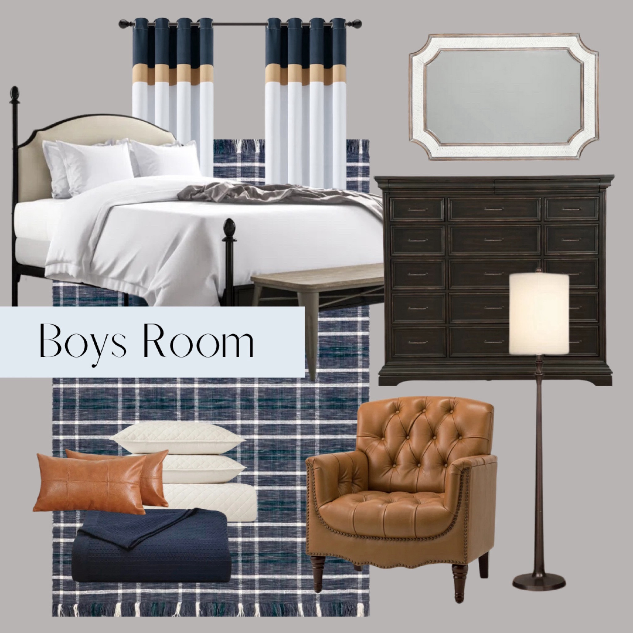 Boys bedroom, masculine bedroom. Plaid Navy rug, leather chair, dark wood dresser, stripe navy drapes, leather throw pillows, cream and navy bedding, floor lamp. 

#LTKhome