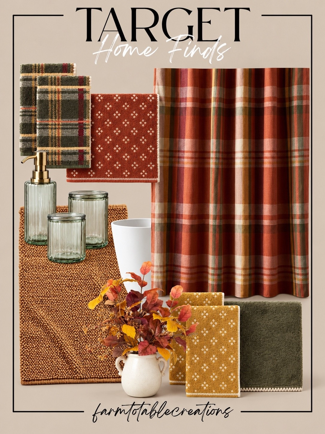 Target Fall Bathroom Finds 🍂🤎

These Target fall home finds are such a cozy way to bring seasonal color into the bathroom. The plaid shower curtain, rust and mustard hand towels, olive accents, amber-toned bath mat, and warm fall stems create a layered look that feels festive without going overboard.

I love how the earthy colors all work together while the simple glass bath accessories keep everything feeling clean and polished. It’s an easy way to give your bathroom a warm fall refresh for the season.

Follow @farmtotablecreations on Instagram for more cozy home finds and trending decor.

#LTKHome #TargetFinds #TargetHome #TargetStyle #FallDecor #FallBathroom #BathroomDecor #AutumnHome #PlaidDecor #CozyHome #SeasonalDecor #WarmNeutrals #AffordableHomeDecor #FallHome #HomeInspo

#LTKHome #LTKSeasonal
