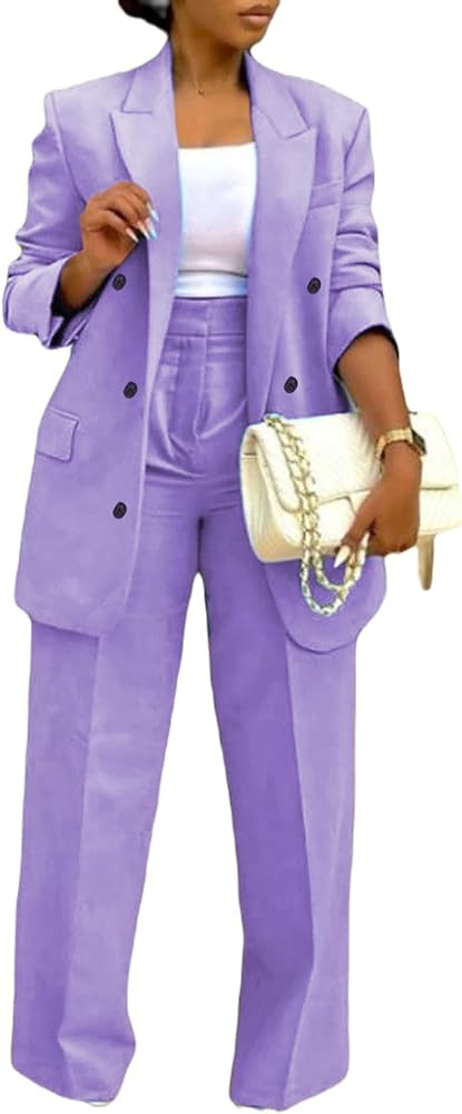 LROSEY 2 Piece Outfits for Women Dressy Double Breasted Blazer Jackets High Waisted Wide Leg Pant... | Amazon (US)