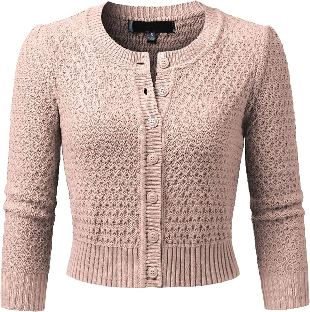 Women's 3/4 Sleeve Crew Neck Button Down Cotton Knit Cropped Cardigan Sweater (S-3XL) | Amazon (US)