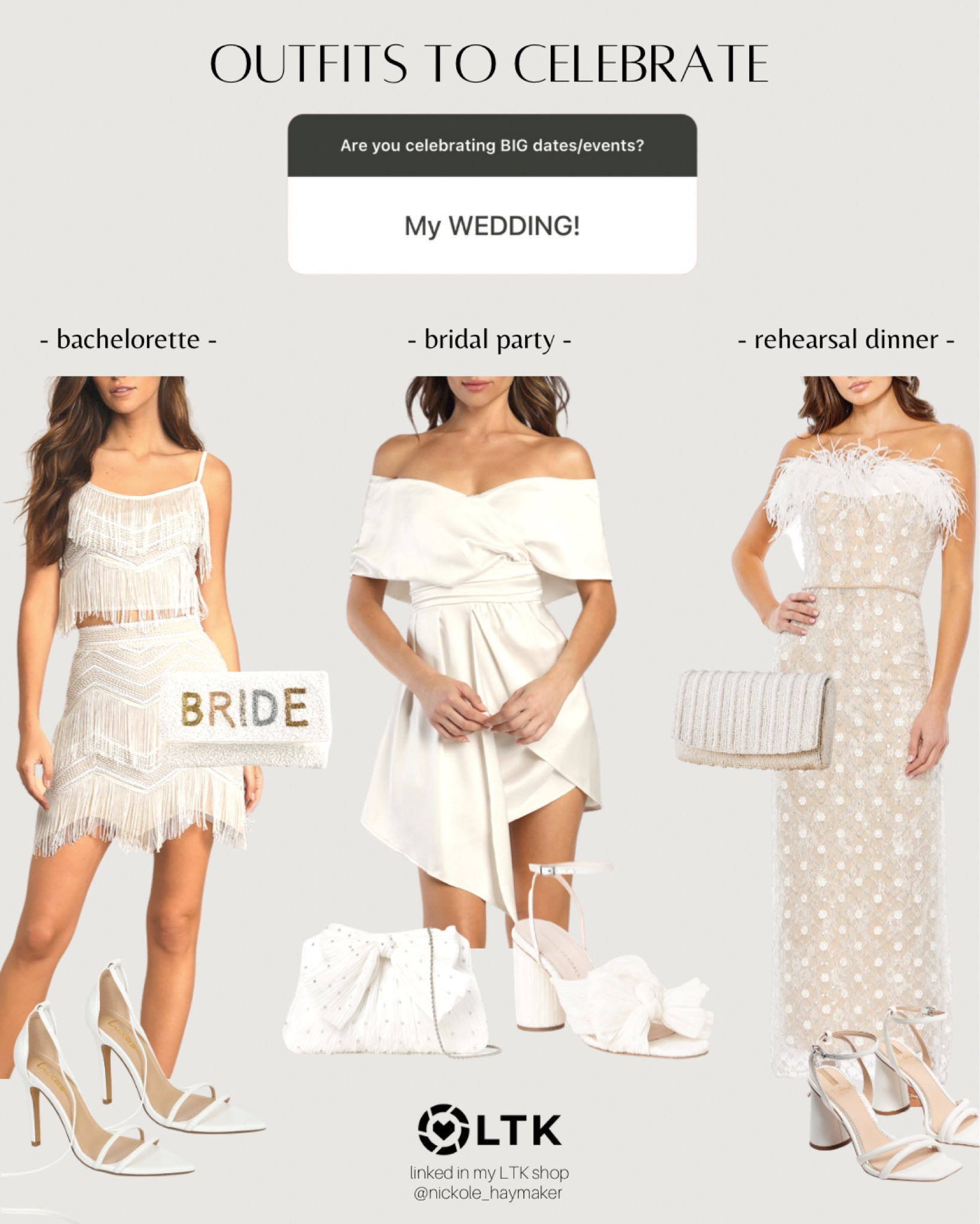 WEDDING LOOKS: I asked you guys on stories what you’re celebrating this year! Here are my looks for them! ⭐️ 

#bride #bridal #wedding #weddinglooks #weddingoutfits #rehearsaldinner #bridalparty 

#LTKSeasonal #LTKstyletip #LTKwedding