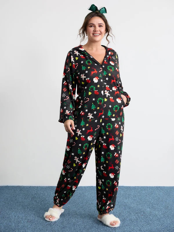 Holiday Spirit Pockets Hooded Lounge Jumpsuit | Bloomchic