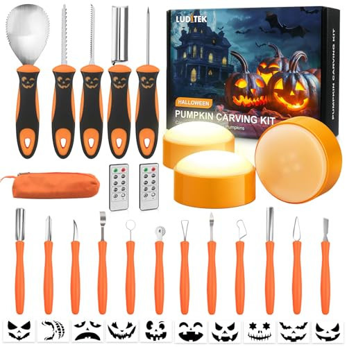 Luditek Pumpkin Carving Kit, 17 PCS Professional Stainless Steel Pumpkin Carving Tools with 3 Electronic Candles Lights and 10 Stencils, Jack-O-Lanterns Cutting Halloween Gifts for Adults | Amazon (US)