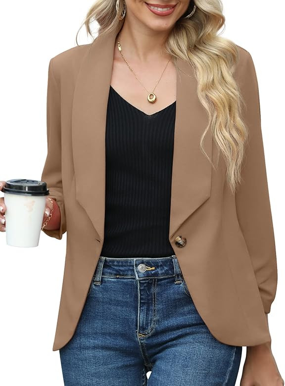 GRECERELLE Blazer Jacket for Women 3/4 Ruched Sleeve Business Casual Outfits Open Front Cropped B... | Amazon (US)