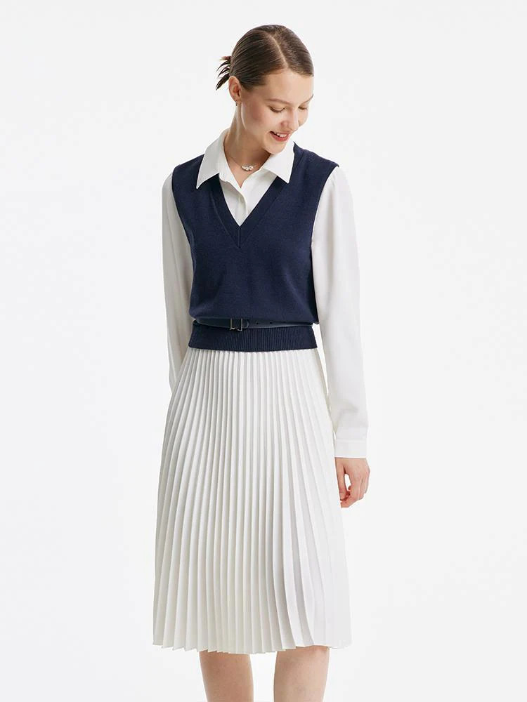 White Shirt-Style Dress And Vest Two-Piece Set | GoeliaGlobal