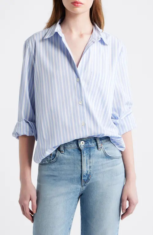 Madewell The Signature Stripe Cotton Poplin Y-Neck Shirt The Signature Y-Neck Shirt in Poplin in Tranquil Blue at Nordstrom, Size Medium | Nordstrom