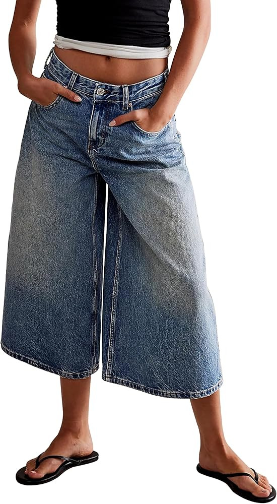 Wide Leg Cropped Jeans for Women Low Rise Baggy Capris Jean Summer Straight Leg Loose Denim Pants | Amazon (US)