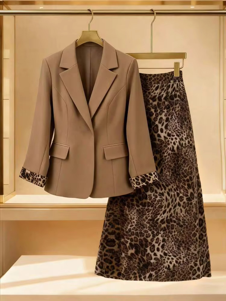 Franclia Plus Size Women Chocolate Brown Fall Winter Elegant Formal 2 Pieces Set Leopard Print Sk... | SHEIN