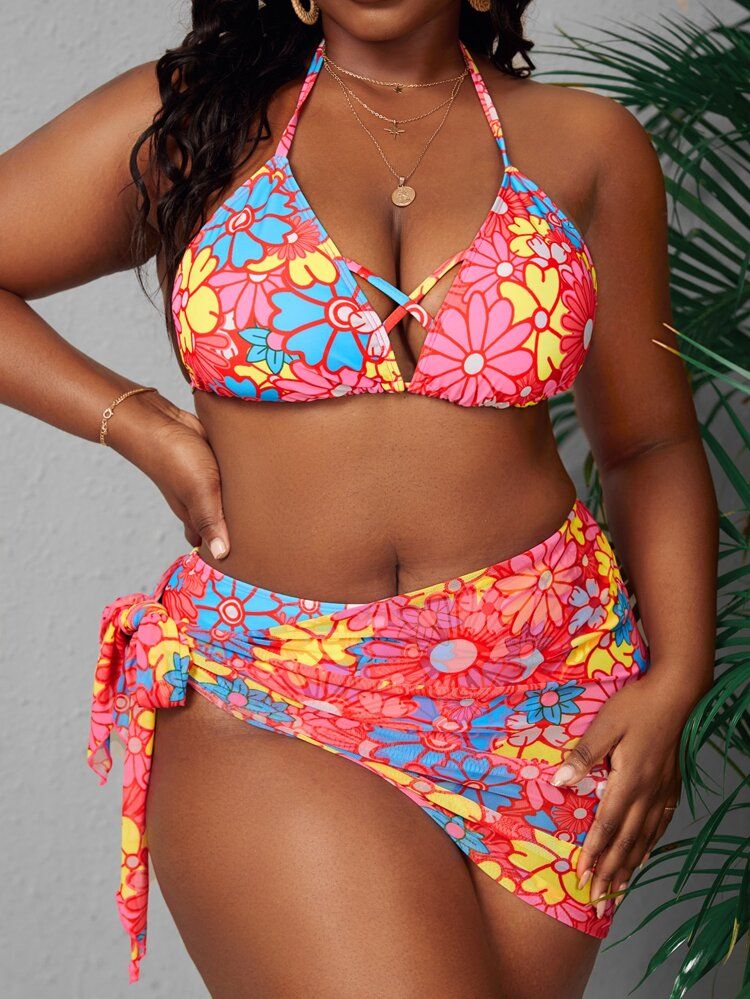 Plus Floral Print Bikini Swimsuit With Beach Skirt | SHEIN