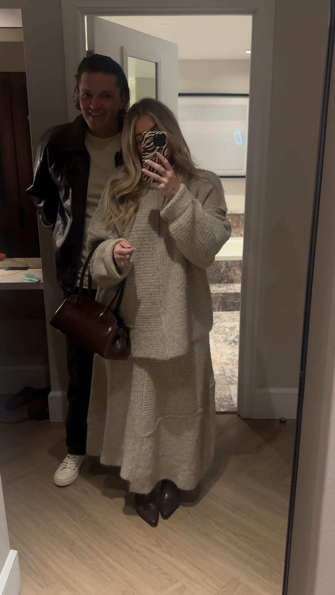 Date night outfit for Jamie’s birthday in Montreal! 🍁🍂
Kelsey — medium in sweater, large in skirt 
Jamie — XL in shirt, normal size in jeans, XL in jacket. 