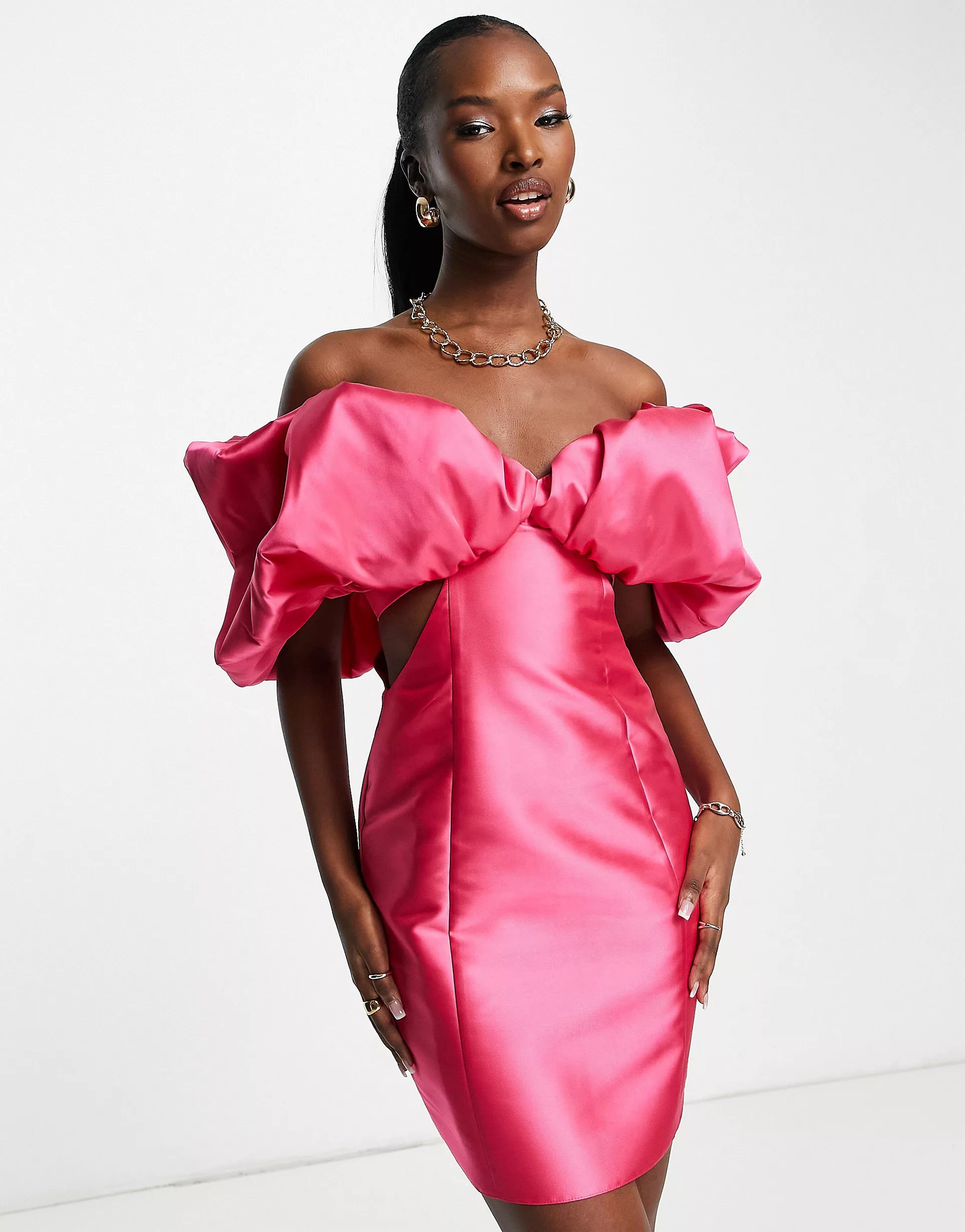 ASOS LUXE bubble bardot satin mini dress in pink | ASOS (Global)