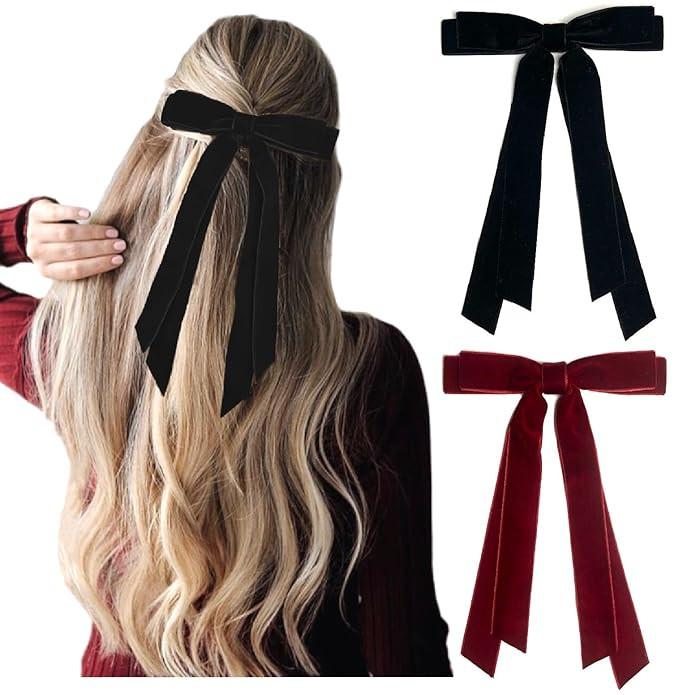 Velvet Hair Bows for Women Girls, Velvet Ribbon Bows for Hair Christmas Gifts, Black Burgundy Red | Amazon (US)