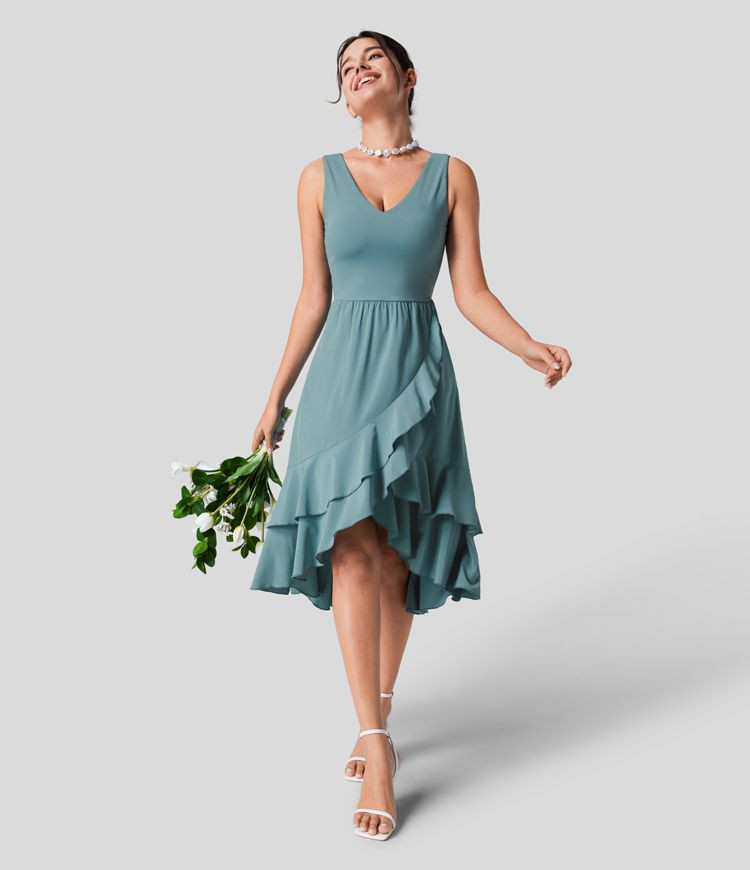 Women’s Breezeful™ V Neck Backless Cut Out Side Pocket Plicated Ruffle Flowy Quick Dry Midi B... | HALARA