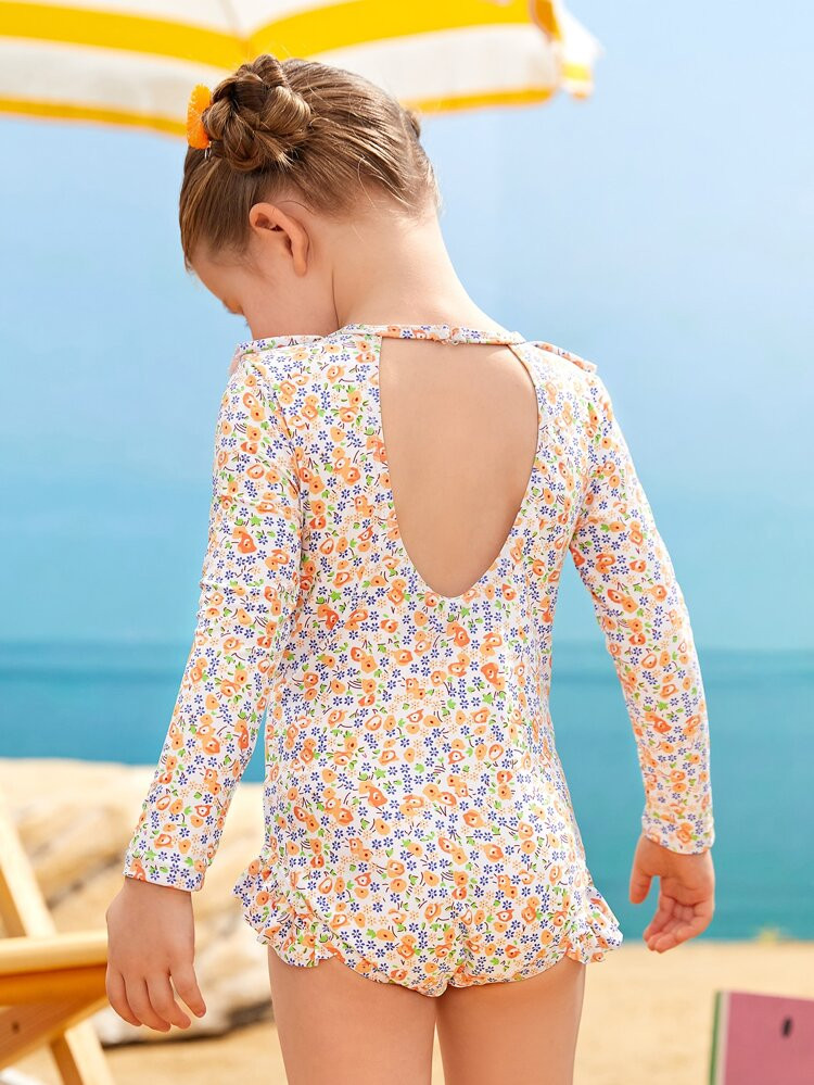 Toddler Girls Ditsy Floral Ruffle Trim Backless One Piece Swimsuit
       
              
       ... | SHEIN