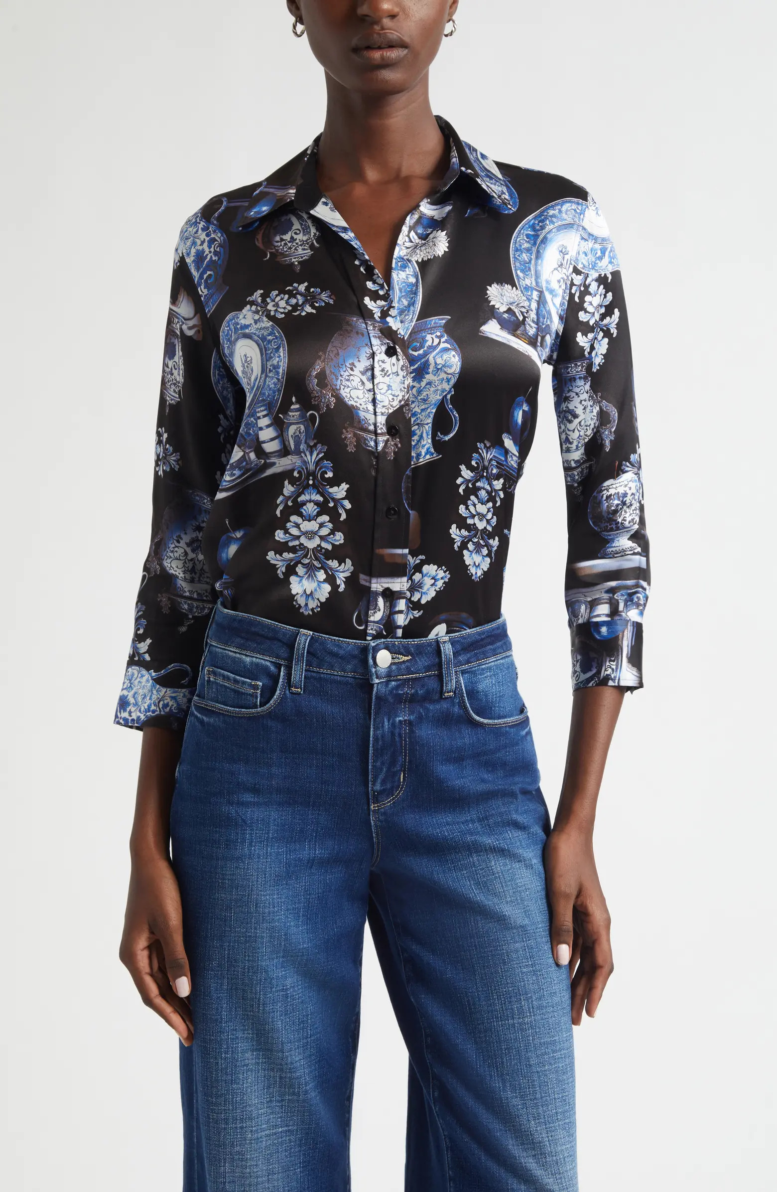 Dani Pottery Print Silk Button-Up Shirt | Nordstrom