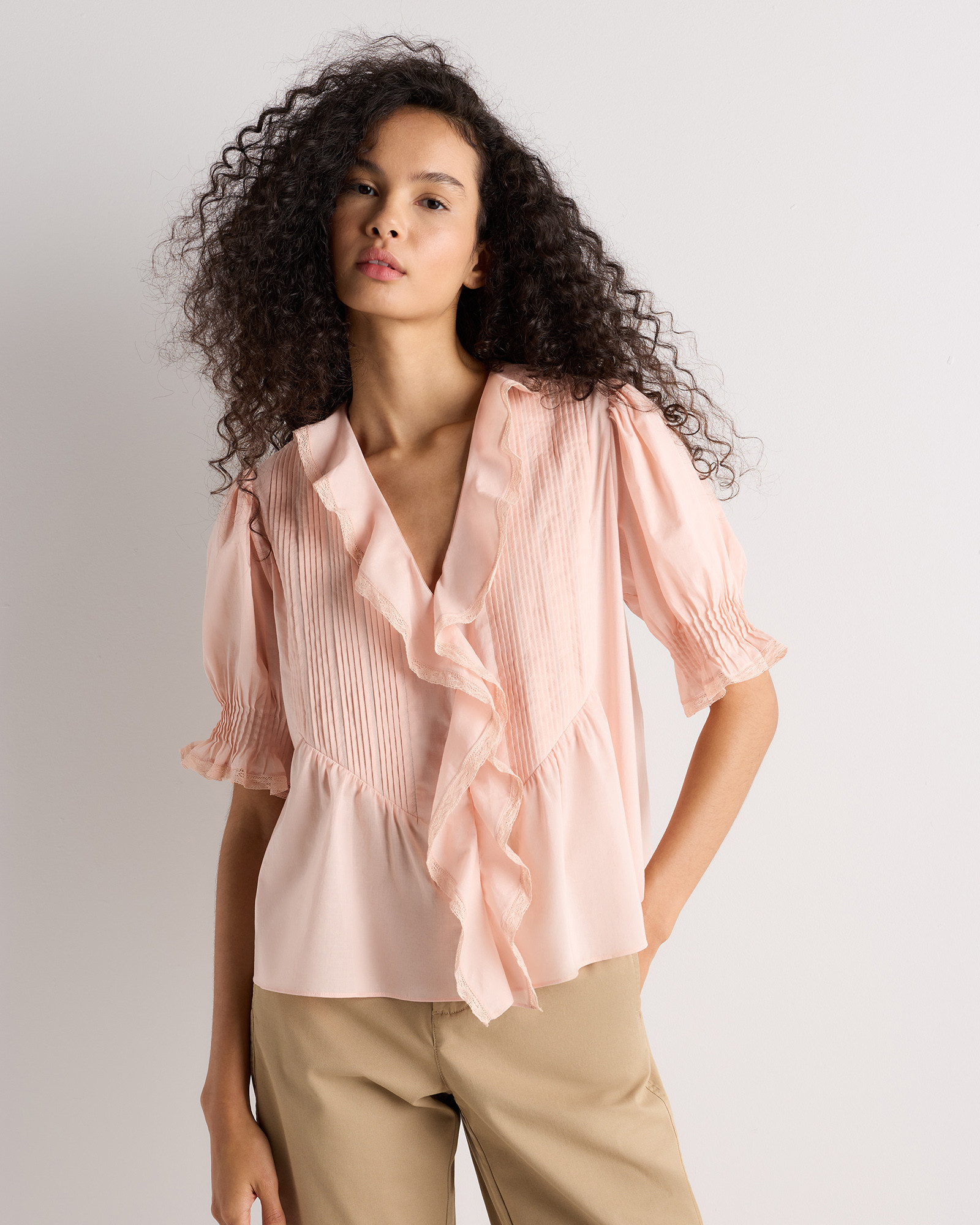 Quince | Women's Voile Short Sleeve Peasant Blouse in Ballet Slipper, Size Large, Organic Cotton | Quince