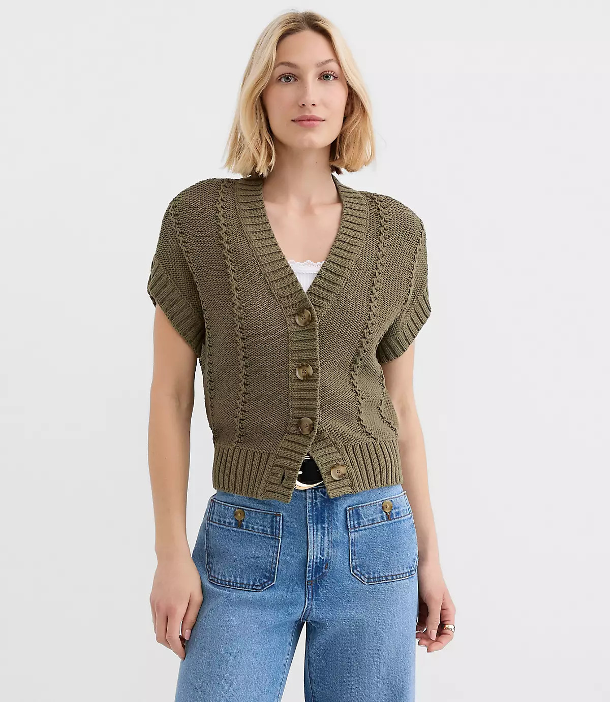 Pointelle Textured Short Sleeve Cardigan | LOFT