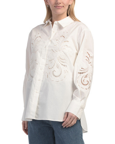 Long Sleeve Button Down Cu Tout Embroidered Collared Shirt For Women, Cotton | TJ Maxx