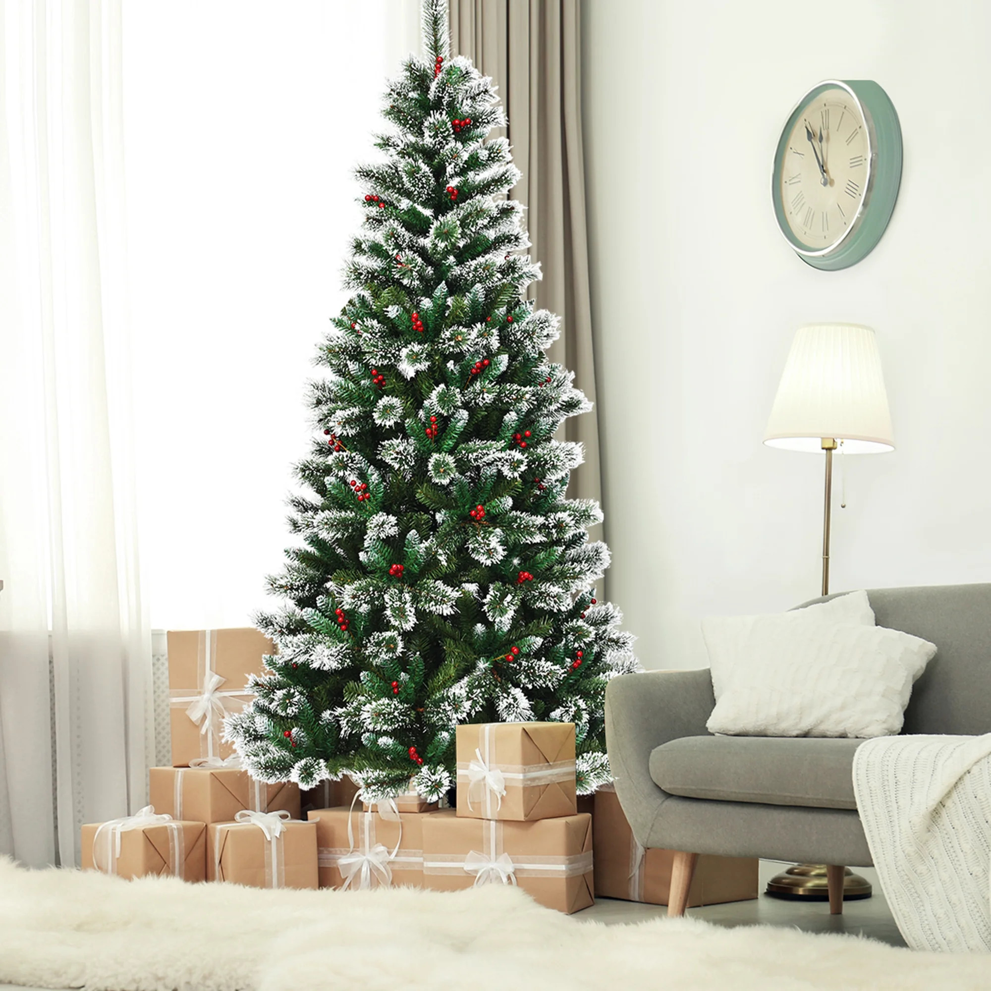 Gymax 8 FT Artificial Christmas Tree Snow Flocked Hinged Tree w/ Red Berries - Walmart.com | Walmart (US)