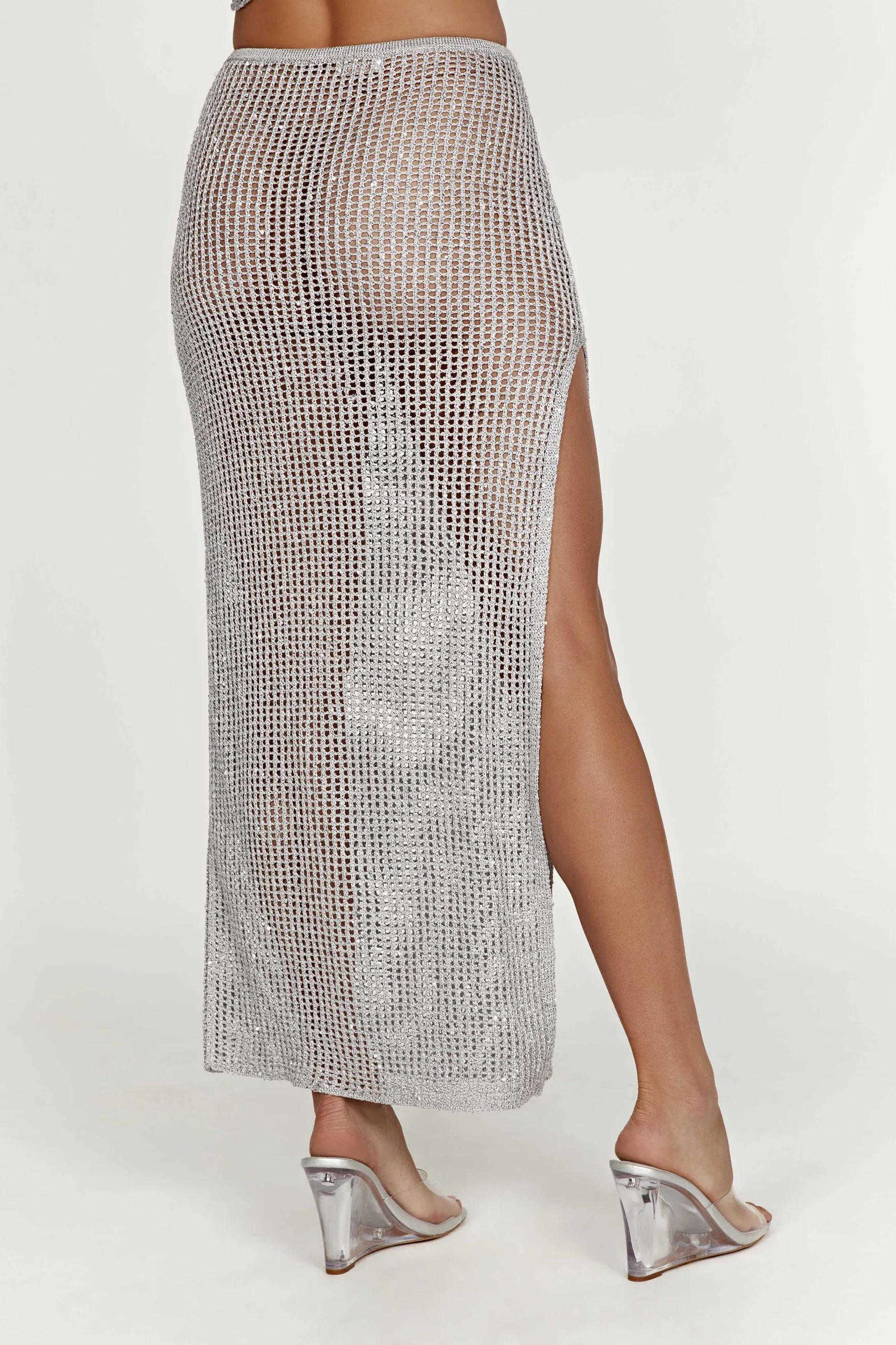 Christa Sequin Crochet Maxi Skirt - Silver | MESHKI US