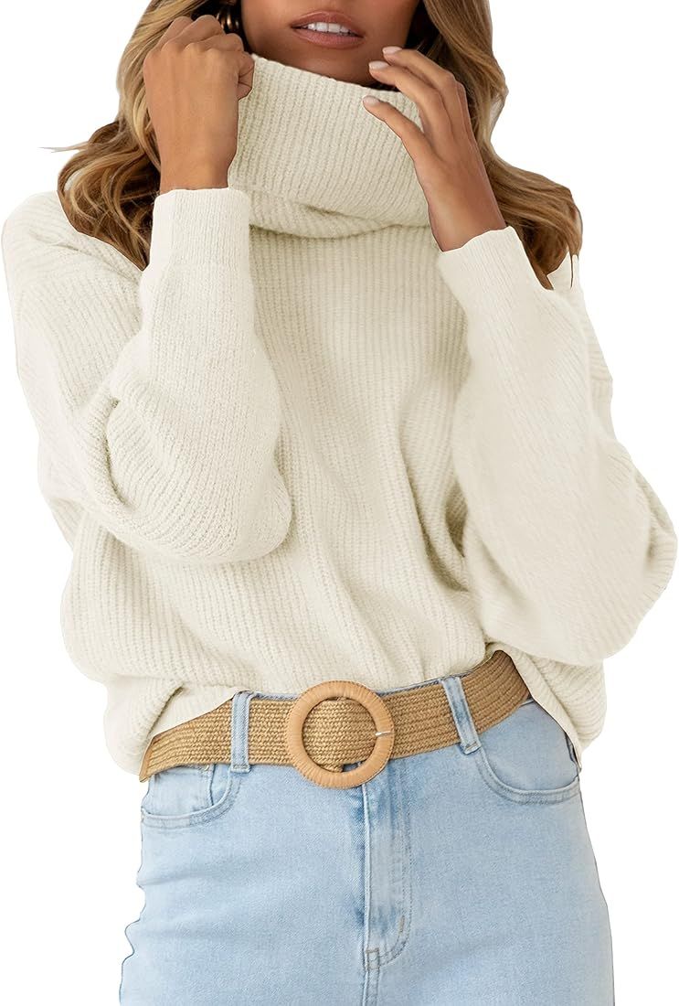 Womens Long Sleeve Turtleneck Knit Sweaters Drop Shoulder Pullover Sweater Oversized Winter Jumper T | Amazon (US)