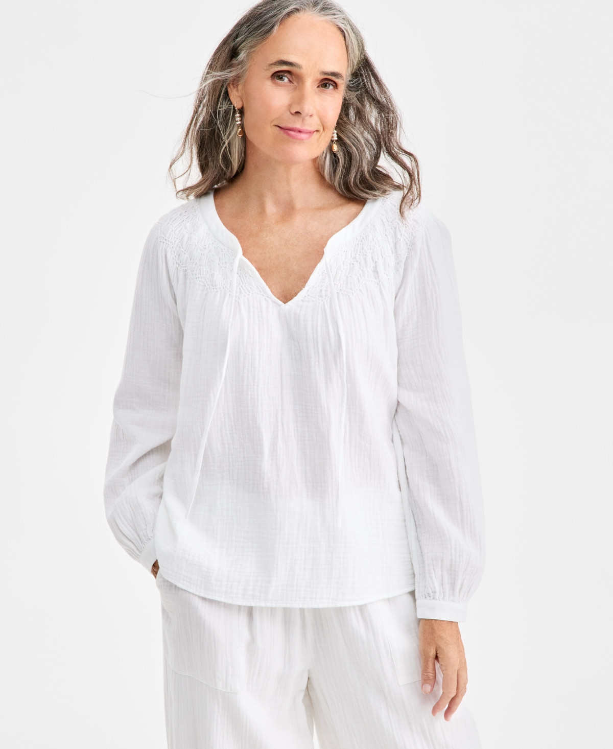 Style & Co Women's Cotton Gauze Smocked Neck Peasant Top, Macy's Exclusive - Bright White | Macy's