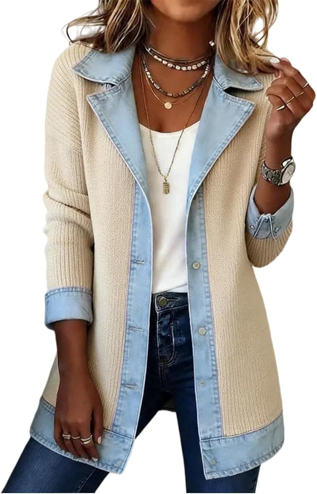 Denim Patchwork Womens Knit Shirts, Casual Collared Loose Button down Workout Long Sleeve Jacket ... | Amazon (US)