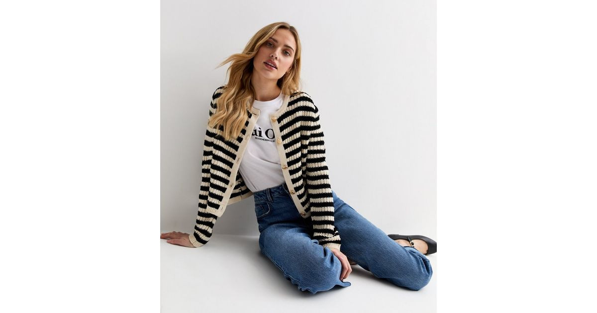 White Stripe Stitch Knit Button Front Cardigan | New Look | New Look (UK)