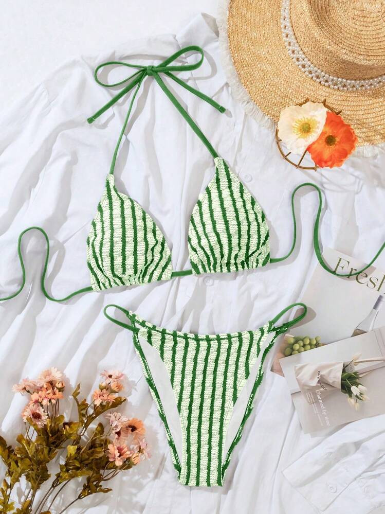 SHEIN Swim Summer Beach Women's Striped Halter Neck Bikini Set | SHEIN
