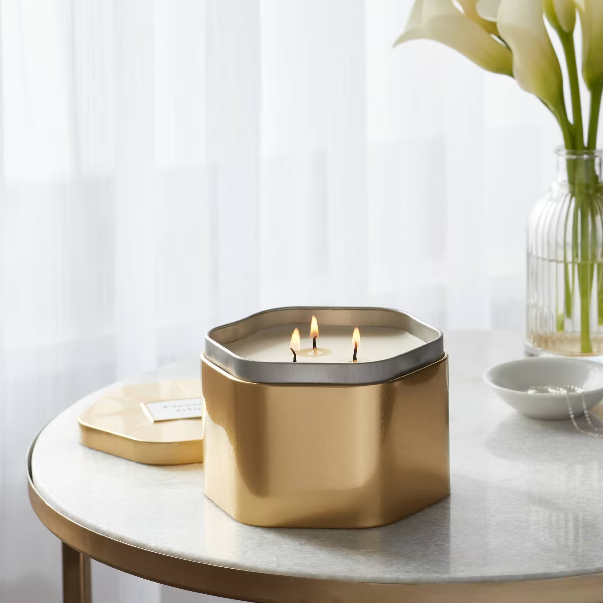 3 Wick Lidded Metal Tin Candle Fireside Glow 18oz Gold - Threshold™ | Target