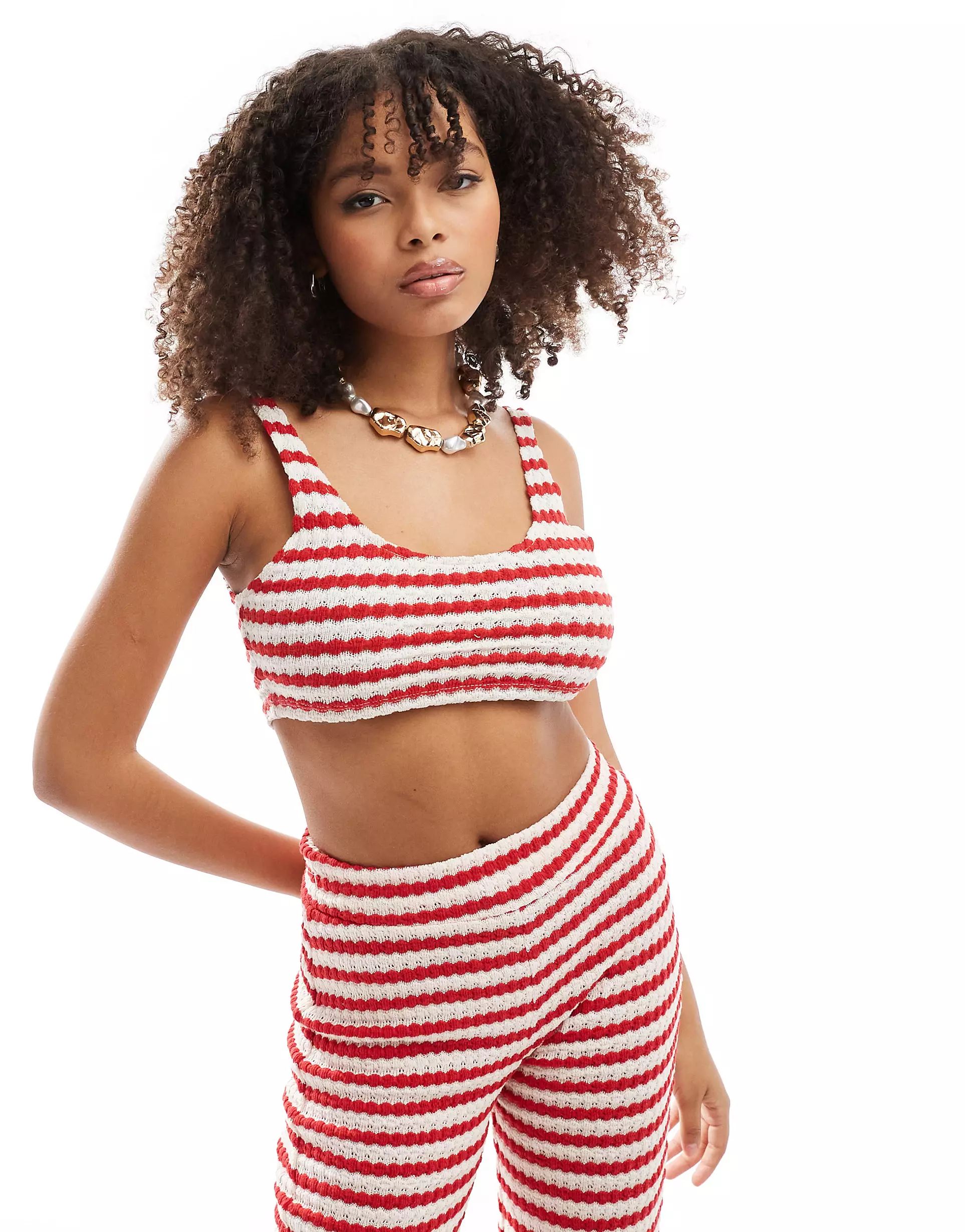 ASOS DESIGN co-ord crochet texture stripe cami top in red and white | ASOS (Global)