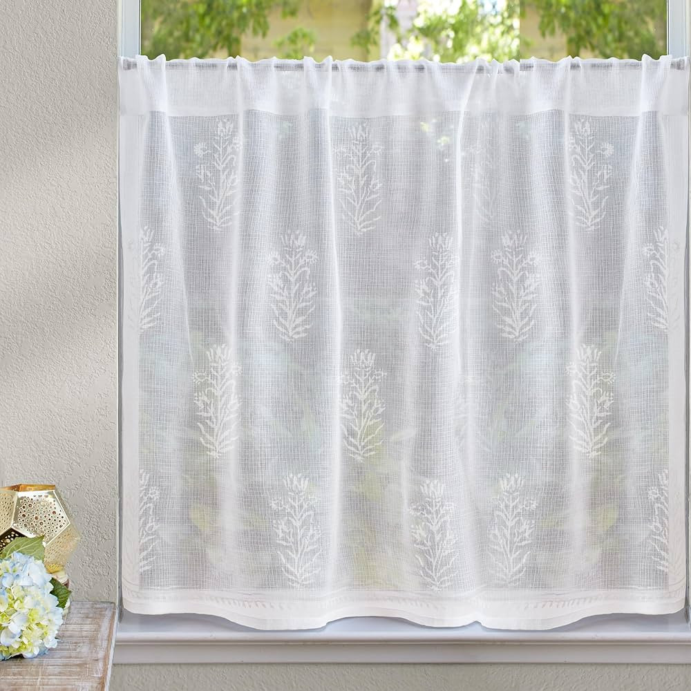 Half Kitchen Cotton Curtains for Small Windows, Bathroom and Cafe Hand Block Printed Tulip Mist W... | Amazon (US)