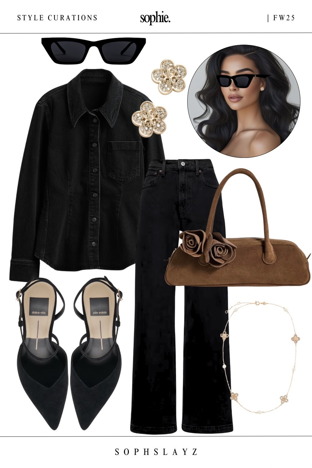 This look: all black outfit, black denim shirt, black wide leg jeans, pointed toe heels, brown suede shoulder bag, crystal flower studs, dainty necklace, cat eye sunglasses.
She’s moody, minimal, and unbothered. Wear this for your weekend plans, casual dinner, or drinks with the girls. 

🔎 weekend outfit, casual dinner outfit, casual date outfit, all black outfit, denim outfit, black denim outfit, jeans outfit

#LTKootd