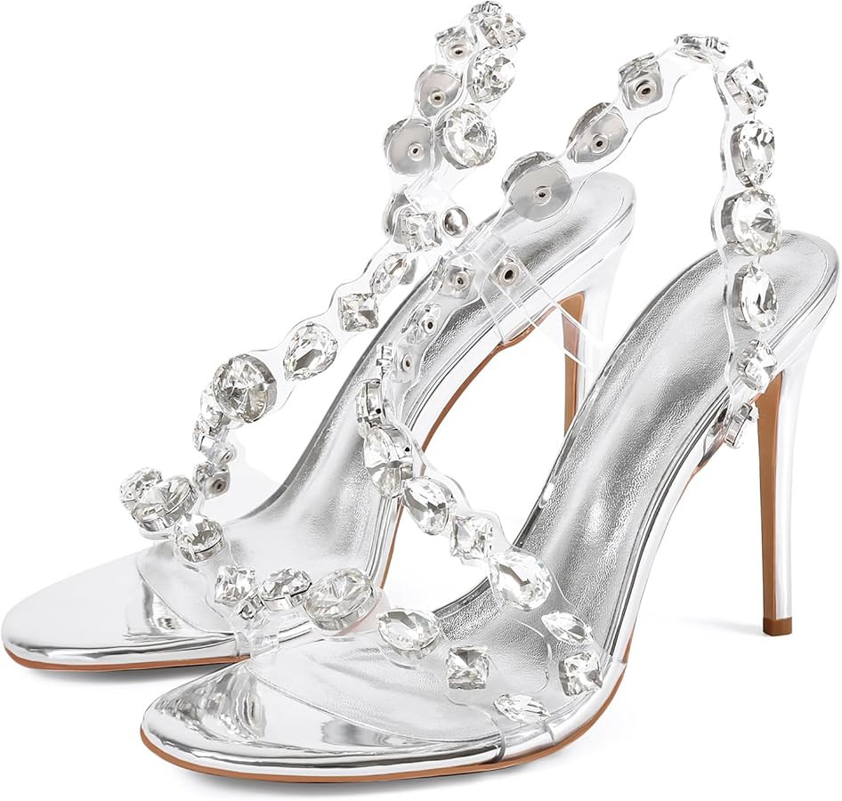 Women\u2019s Clear Rhinestone High Heel Sandals Open Toe Stiletto Heel Transparent Crystal Strap ... | Amazon (US)