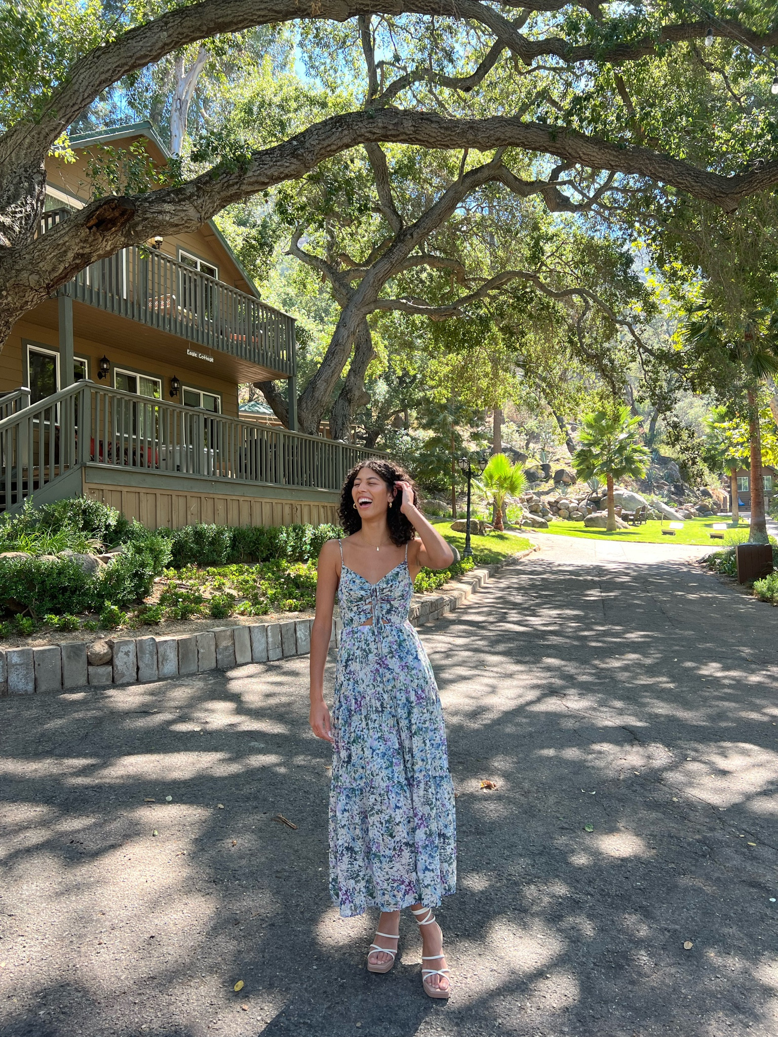 celebrating love 🫶🏽🪞✨

Cinched front floral maxi dress - Astr the label 
Platform tie heels - dolce vita 
gold k necklace - cuffed by nano 
gold chunky tube hoops - Montce swim 