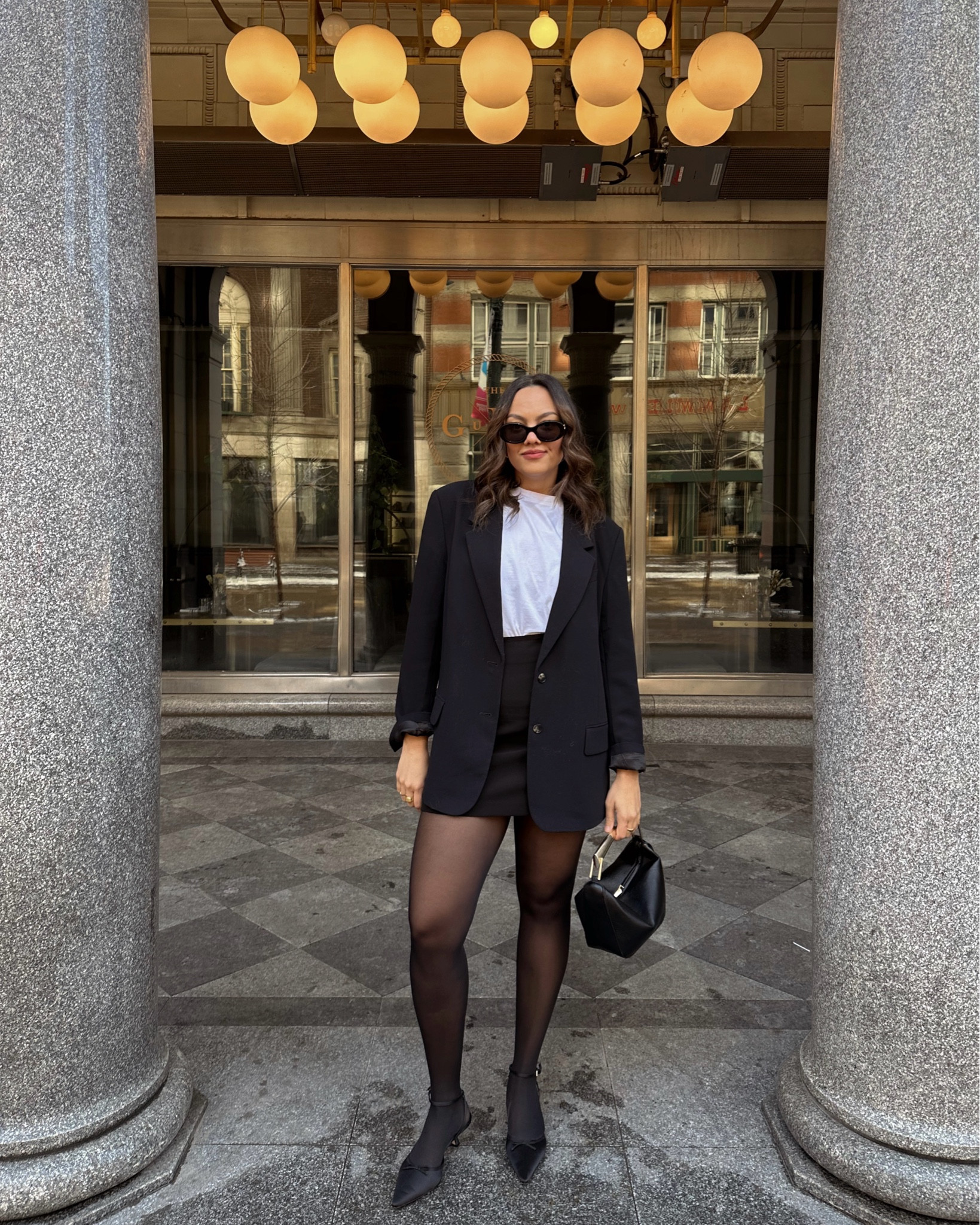 Black oversized blazer
White T-shirt 
Black mini skirt
Black semi sheer tights
Black kitten heels
Black sunglasses 


#LTKSeasonal #LTKstyletip #LTKfindsunder100