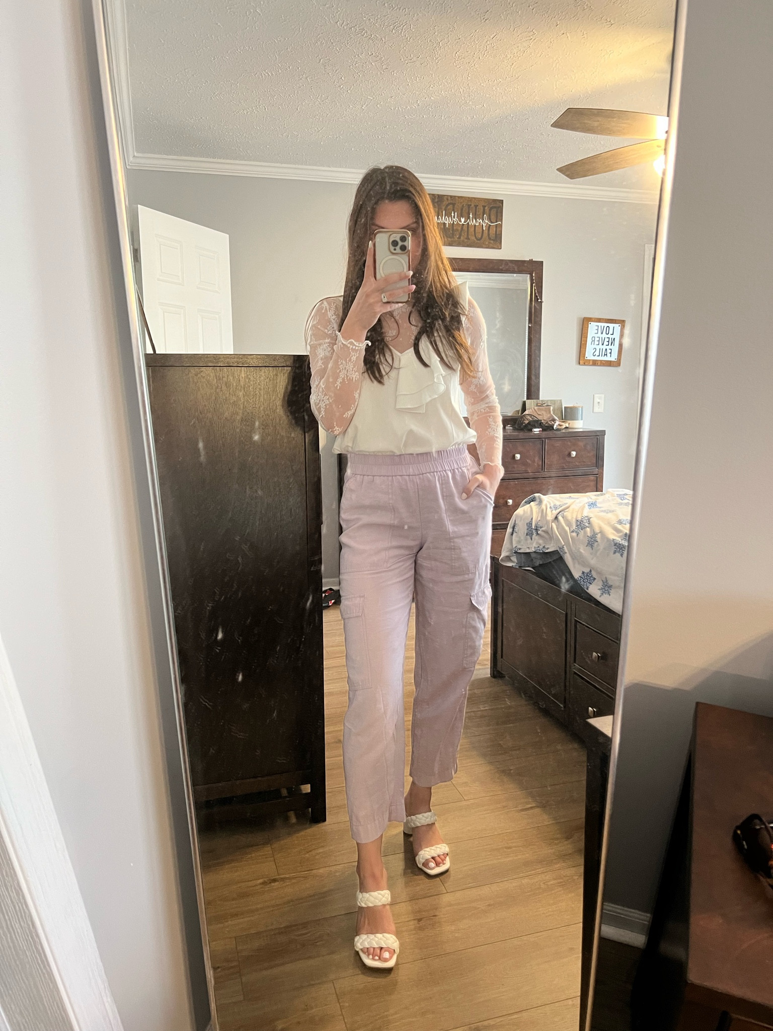 Target cargo pants. Cargo pants. Spring fashion. Church outfit. Sunday ootd. Church ootd. Lace top. Ruffle top. Spring clothes. Target heels. Mom outfit. Mom ootd. Mom fashion. White blouse. Spring layers 

#LTKSeasonal #LTKxTarget #LTKfindsunder50
