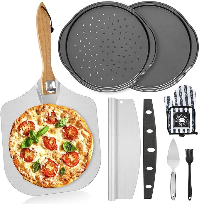 7PCS Foldable Pizza Peel Pizza Pan Set,12" x 14" Aluminum Metal Pizza Paddle with Wooden Handle, ... | Amazon (US)