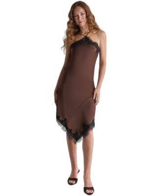 Bcbg Women's Satin Asym Dress with Lace Trim - Coffee/Black | Macy's