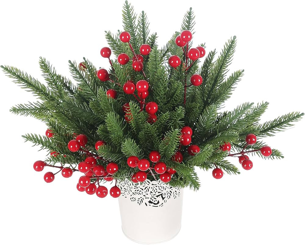50 Pcs Christmas Cedar Pine Artificial Christmas Branches with Red Berry Stems Fake Greenery Plan... | Amazon (US)