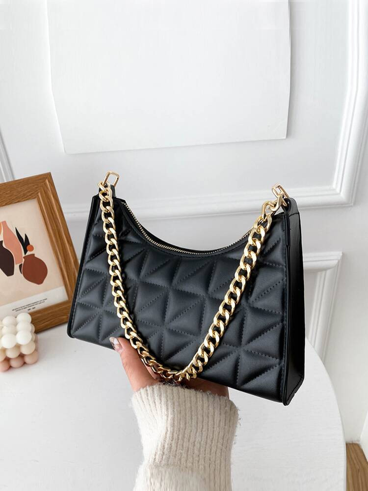 Quilted Pattern Chain Baguette Bag | SHEIN